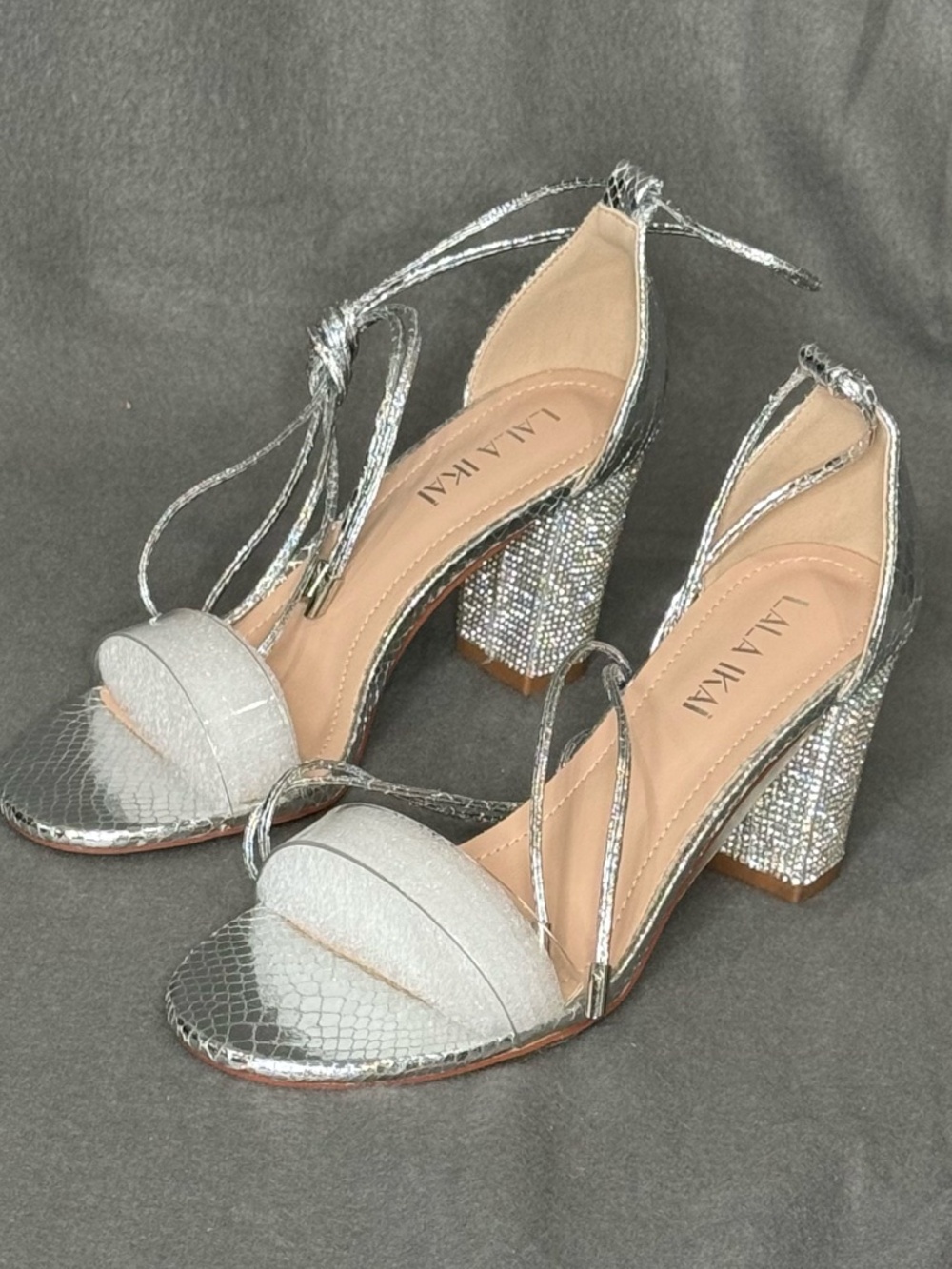 LALA IKAI Silver Rhinestone Chunky Block Heels Strappy Open Toe Wedding Shoes 6